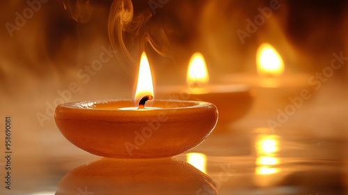 Meditation in a room with soft candlelight and the scent of incense filling the air Stock Photo with copy space photo