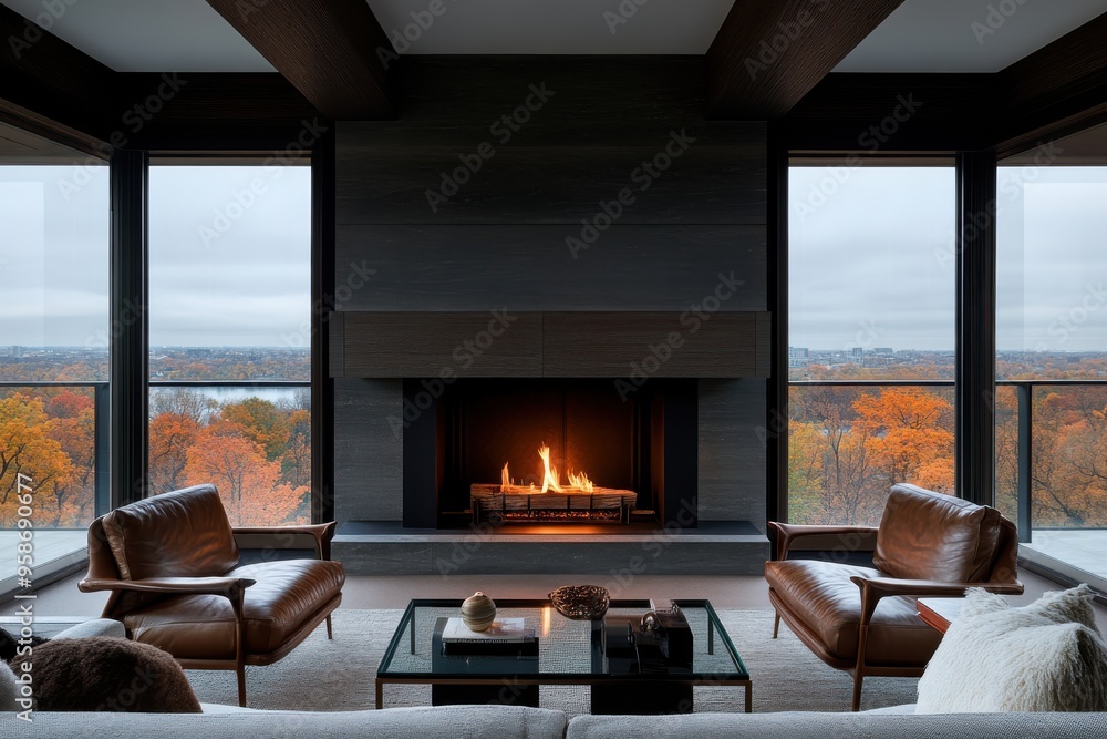 A contemporary living room features a cozy fireplace and stylish leather chairs, boasting large windows that frame a breathtaking autumn landscape with rich, vibrant colors. A contemporary living room features a cozy fireplace and stylish leather chairs, boasting large windows that frame a breathtaking autumn landscape with rich, vibrant colors.