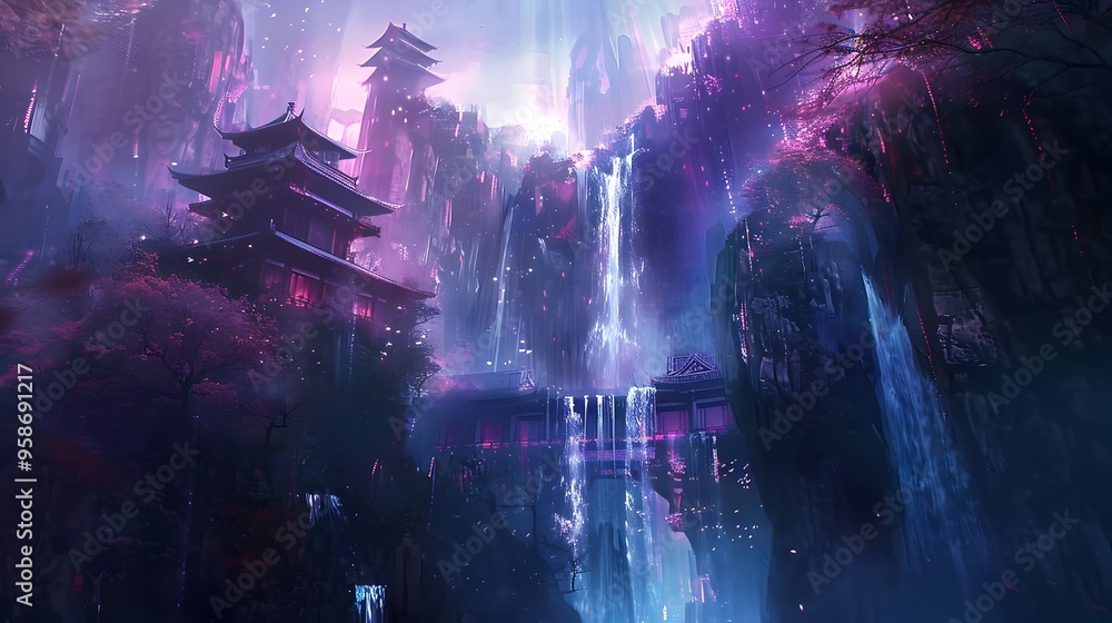 Obraz premium A mystical waterfall cascades beside traditional Asian architecture, nestled among towering cliffs under a twilight sky. The serene scene blends nature and culture, evoking a sense of tranquility and 