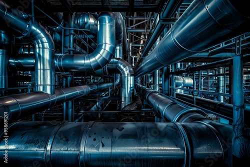 Wallpaper Mural  industrial scene featuring a complex network of shiny metal pipes and ducts, creating a futuristic and mechanical atmosphere. Ideal for industrial photography, engineering content, or futuristic  Torontodigital.ca