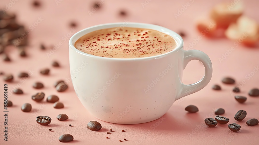 A cozy cup of brewed coffee on a pink background, surrounded by coffee beans, perfect for a warm and inviting atmosphere. A cozy cup of brewed coffee on a pink background, surrounded by coffee beans, perfect for a warm and inviting atmosphere.