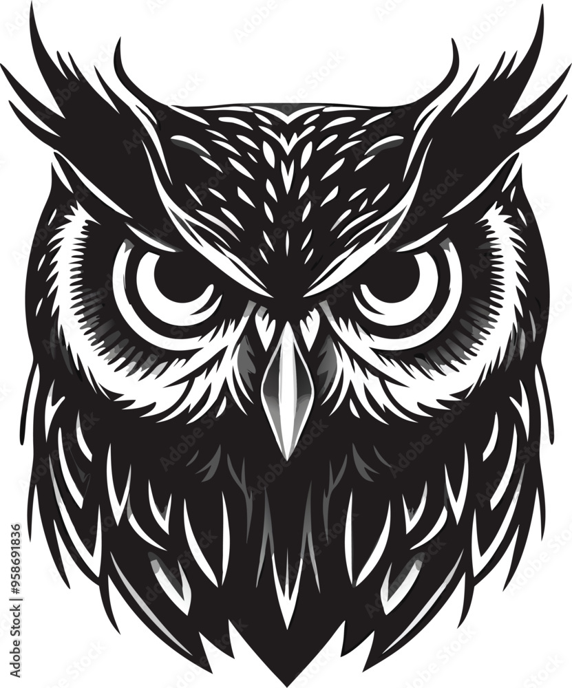 Obraz premium Monochrome Vector Owl Head Illustration