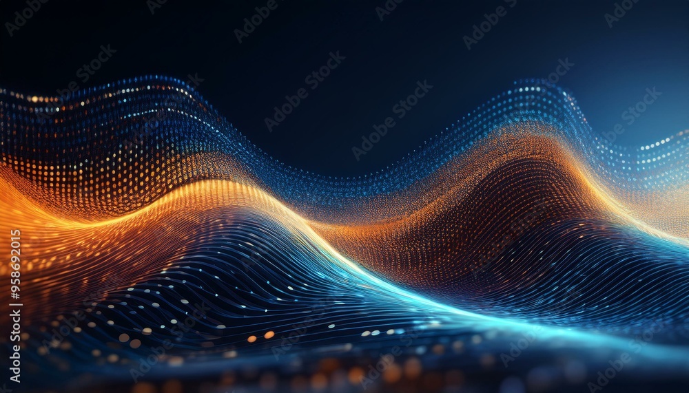 visualization depicting a wave or surface made of dots of light, with blue and orange colors, creating a dynamic and futuristic impression visualization depicting a wave or surface made of dots of light, with blue and orange colors, creating a dynamic and futuristic impression