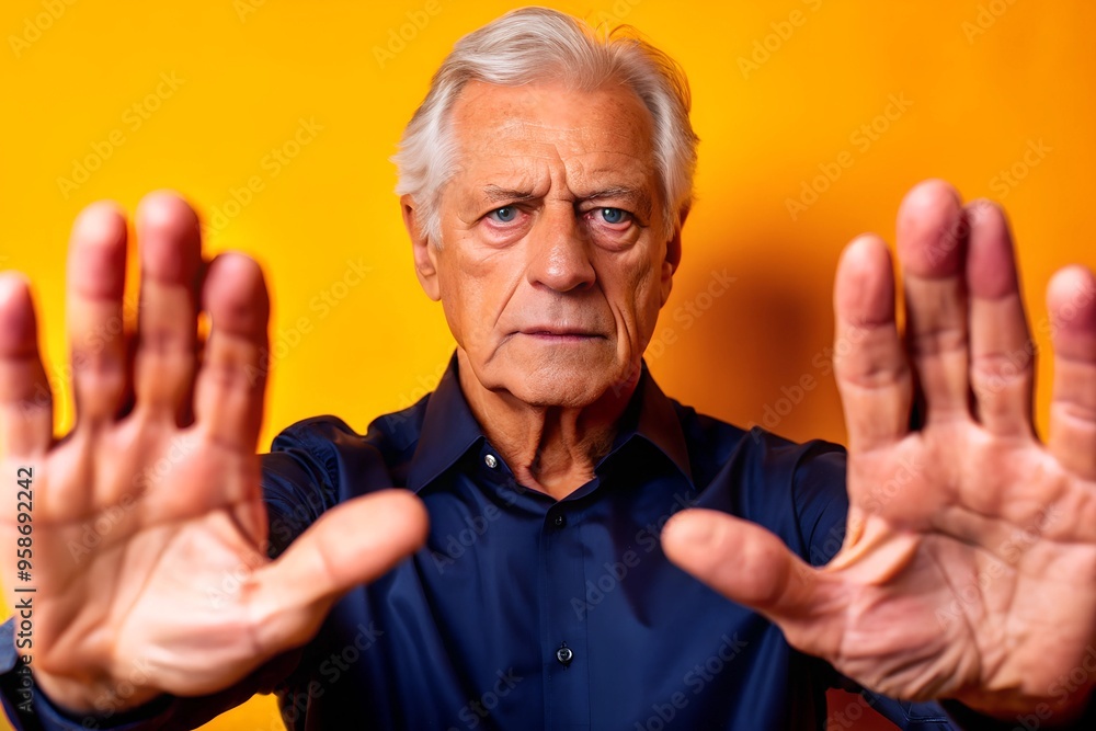 Image of a composed and self-assured older man in a blue shirt gesturing with his hands to halt against a solid-colored backdrop.