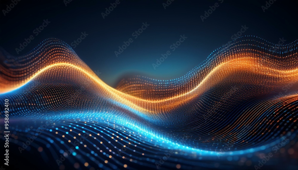 visualization depicting a wave or surface made of dots of light, with blue and orange colors, creating a dynamic and futuristic impression visualization depicting a wave or surface made of dots of light, with blue and orange colors, creating a dynamic and futuristic impression