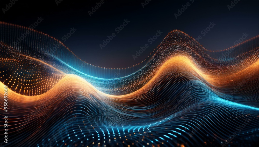 visualization depicting a wave or surface made of dots of light, with blue and orange colors, creating a dynamic and futuristic impression visualization depicting a wave or surface made of dots of light, with blue and orange colors, creating a dynamic and futuristic impression