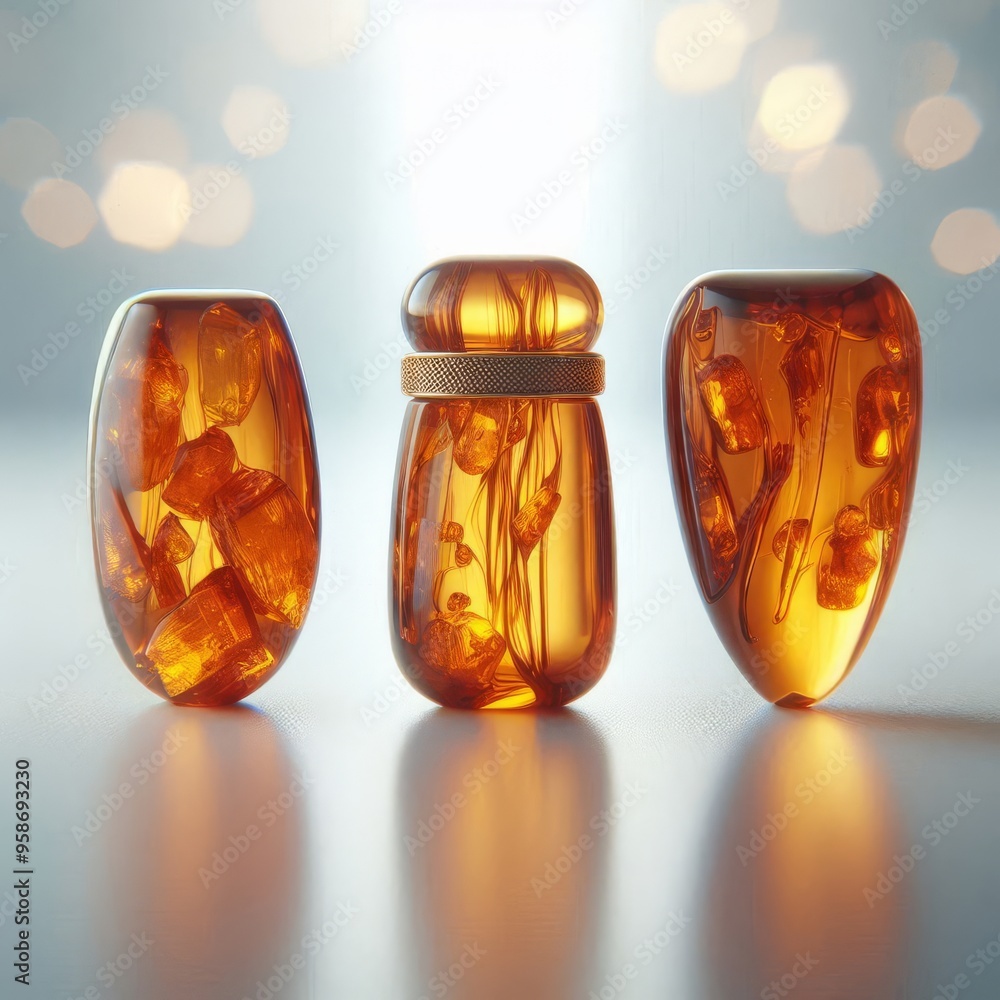 Three distinct amber pieces on a blurred white backdrop Stylish jewelry
Three distinct amber pieces on a blurred white backdrop Stylish jewelry