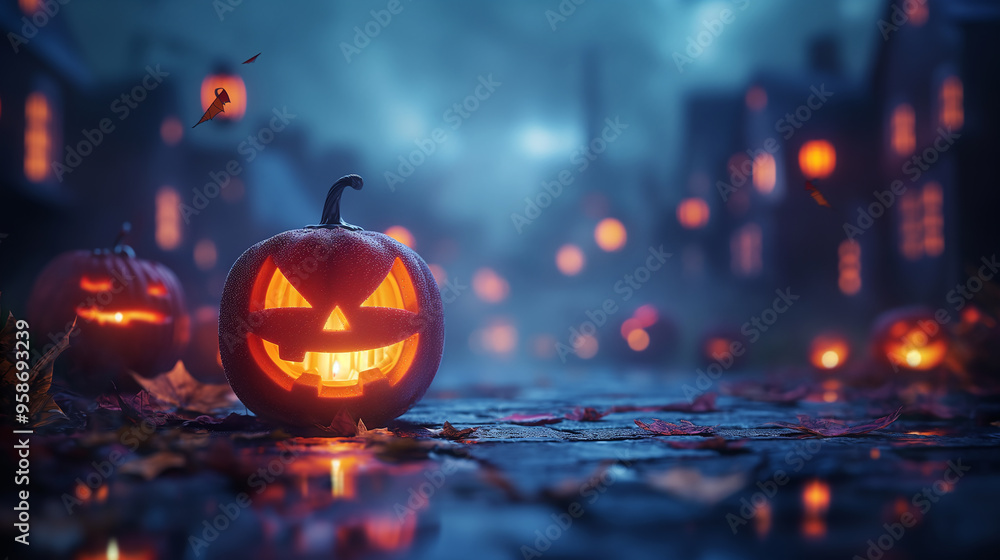 Fototapeta premium Halloween pumpkins and bats in a spooky forest.