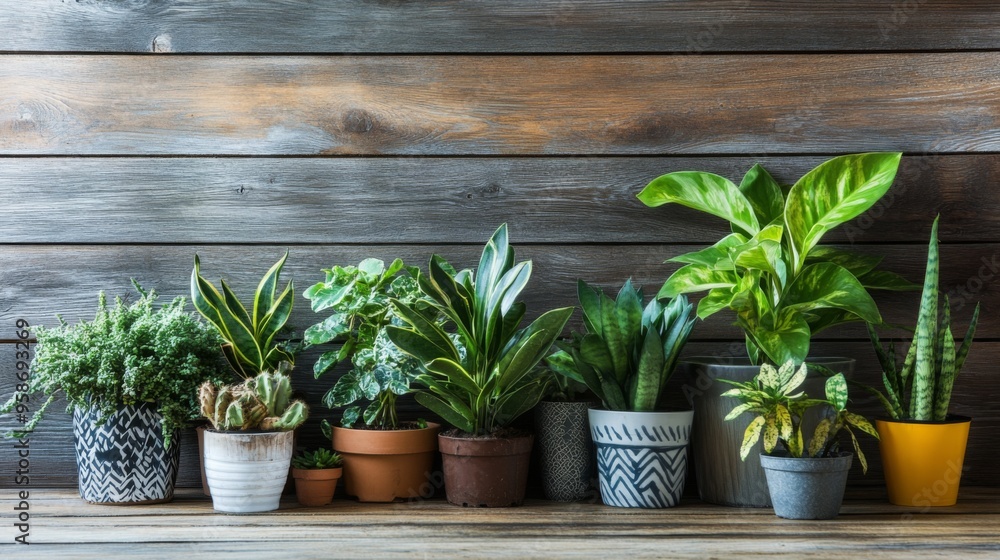 Indoor Plant Collection on Wooden Shelf Indoor Plant Collection on Wooden Shelf