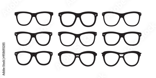 Eyeglasses Icons, Glasses icon. Set of glasses icons. Eyeglasses collection clip art Silhouette. Black glasses silhouette isolated on white.