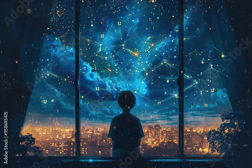 A digital painting of a person looking through a window at a night sky filled with crypto constellations