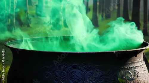 A mystical cauldron in an enchanted forest emits vibrant green vapor, surrounded by dappled sunlight. scene evokes magic and adventure, ideal for fantasy projects.