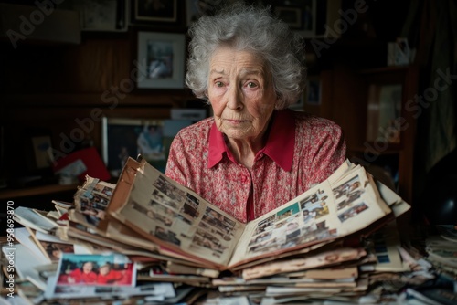 An elderly woman with gray hair and a pensive expression looks through old photo albums spread out on a table, reflecting on memories and moments from the past.