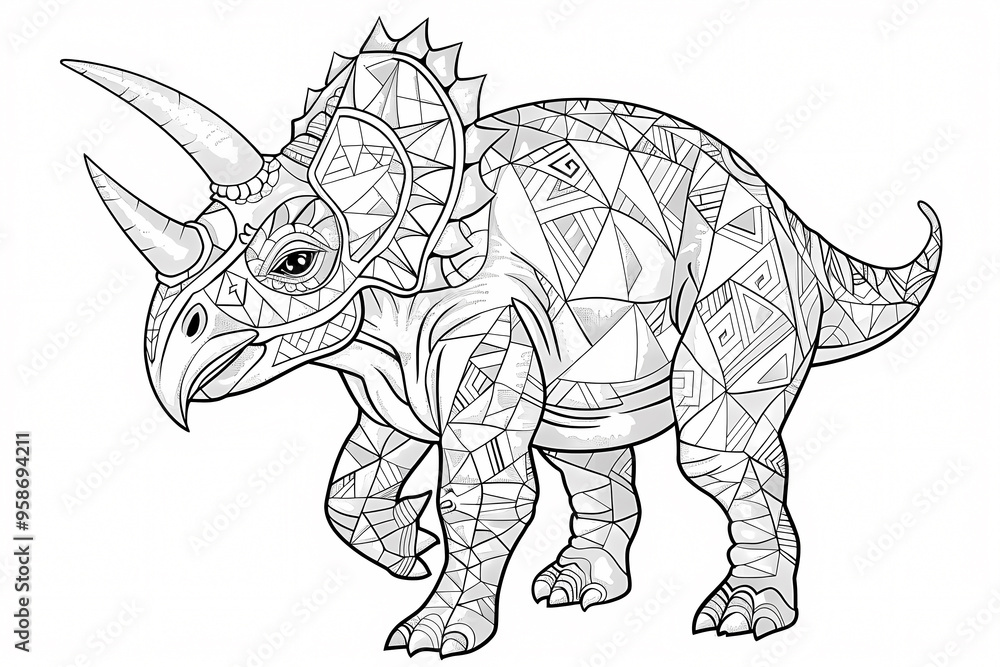 A detailed lineart illustration of a triceratops with geometric patterns, perfect for coloring. Ideal for creativity and relaxation. A detailed lineart illustration of a triceratops with geometric patterns, perfect for coloring. Ideal for creativity and relaxation.
