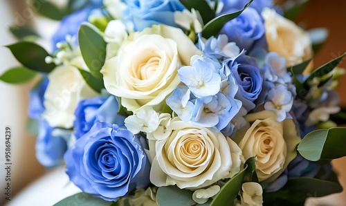 Close-up of White and Blue Roses with Green Leaves in a Bouquet