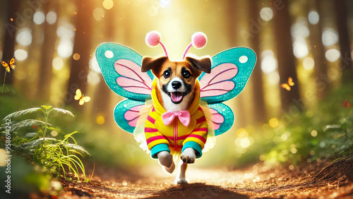 A cheerful dog in a butterfly costume, running through a blurred forest path. photo