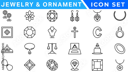 Jewelry line icon set. Included icons as gems, gemstones, jewel, accessories, ring and more.