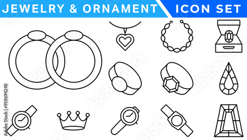 Jewelry line icon set. Included icons as gems, gemstones, jewel, accessories, ring and more.