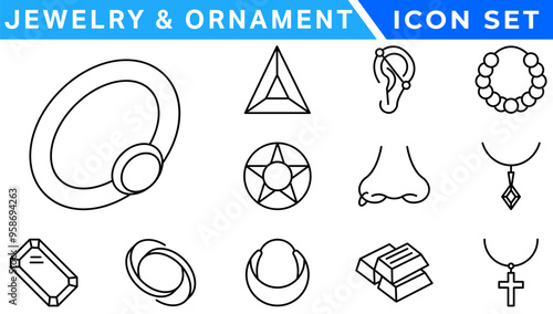 Jewelry line icon set. Included icons as gems, gemstones, jewel, accessories, ring and more.