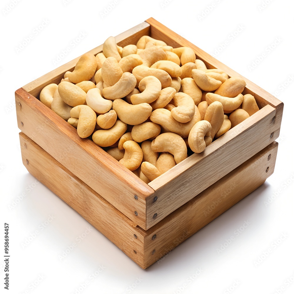 cashew nuts in a wooden box isolated on white background cashew nuts in a wooden box isolated on white background