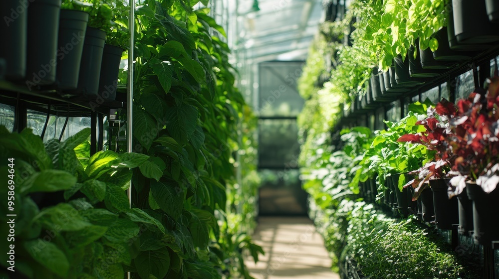 Indoor greenhouse filled with lush plants under artificial lighting, highlighting modern agricultural techniques Indoor greenhouse filled with lush plants under artificial lighting, highlighting modern agricultural techniques