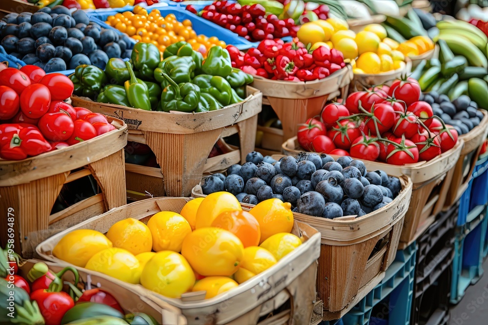 A variety of fruits and vegetables are displayed in wooden crates A variety of fruits and vegetables are displayed in wooden crates