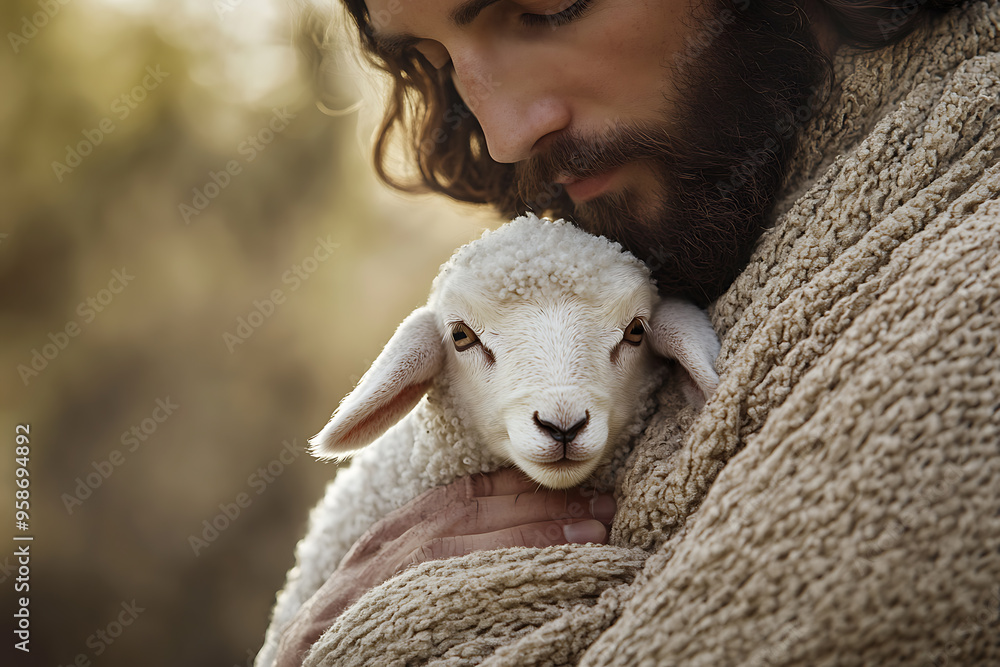 An intimate close-up of Jesus Christ gently holding a small lamb to His chest, symbolizing care, compassion, and spiritual guidance An intimate close-up of Jesus Christ gently holding a small lamb to His chest, symbolizing care, compassion, and spiritual guidance