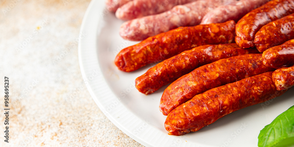 raw sausages beef, pork, chicken, lamb, dish fresh delicious gourmet food background on the table rustic food top view copy space raw sausages beef, pork, chicken, lamb, dish fresh delicious gourmet food background on the table rustic food top view copy space