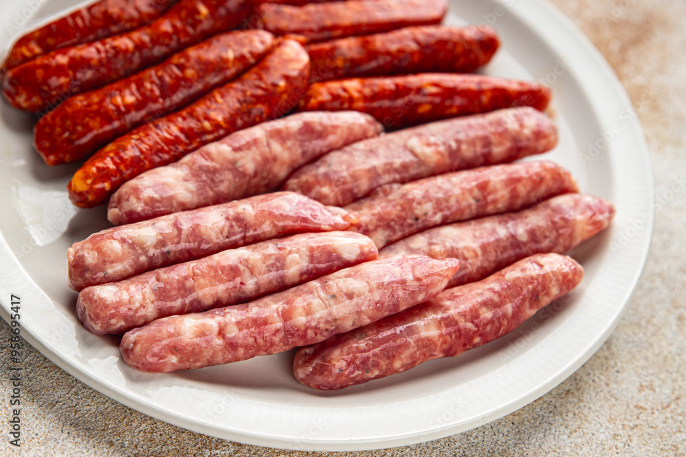 raw sausages beef, pork, chicken, lamb, dish fresh delicious gourmet food background on the table rustic food top view copy space raw sausages beef, pork, chicken, lamb, dish fresh delicious gourmet food background on the table rustic food top view copy space