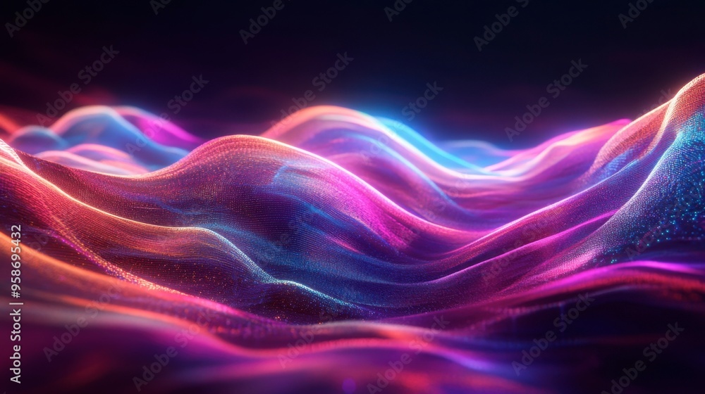 Naklejka premium A 3D abstract multicolor visualization with vibrant waves and glowing lines, creating a sense of motion and depth.