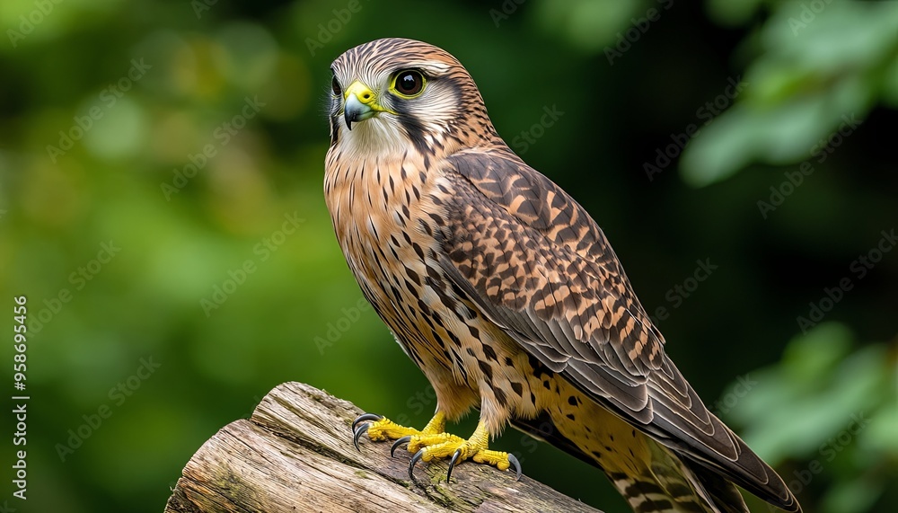 A small falcon with brown and black feathers and yellow feet perches on a log with green foliage in the background. A small falcon with brown and black feathers and yellow feet perches on a log with green foliage in the background.