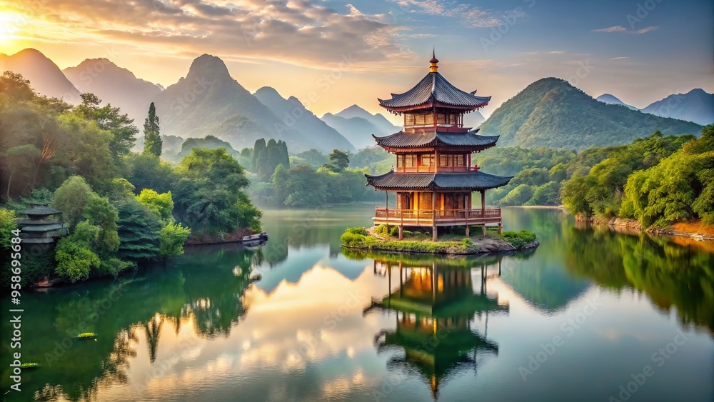 Panoramic View Of A Traditional Chinese Pagoda Surrounded By Lush Greenery And A Tranquil Lake, With Mountains In Panoramic View Of A Traditional Chinese Pagoda Surrounded By Lush Greenery And A Tranquil Lake, With Mountains In