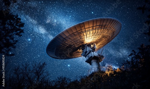 A large satellite dish pointed towards the night sky illuminated by the milky way.