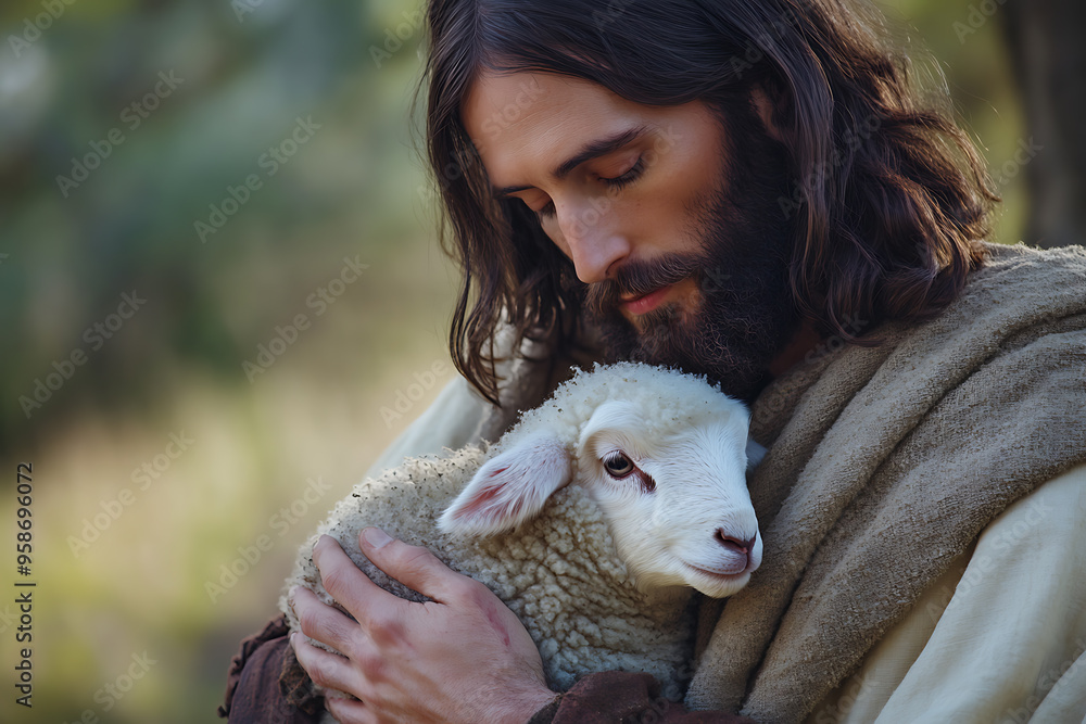 An intimate close-up of Jesus Christ gently holding a small lamb to His chest, symbolizing care, compassion, and spiritual guidance An intimate close-up of Jesus Christ gently holding a small lamb to His chest, symbolizing care, compassion, and spiritual guidance