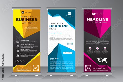 Roll up banner stand template design, Vertical banner design with yellow, blue and purple color, pull up, x banner, print ready business roll up banner set, vector eps 10.
