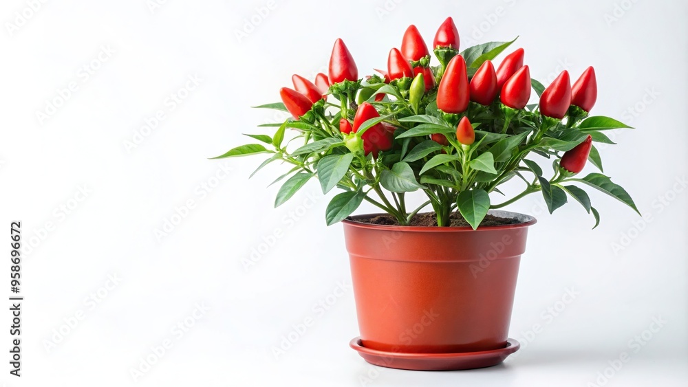 A blooming red hot pepper plant is showcased in a plastic pot against a white background captured from a low angle perspective, plastic pot, garden, spicy, farming, vibrant A blooming red hot pepper plant is showcased in a plastic pot against a white background captured from a low angle perspective, plastic pot, garden, spicy, farming, vibrant