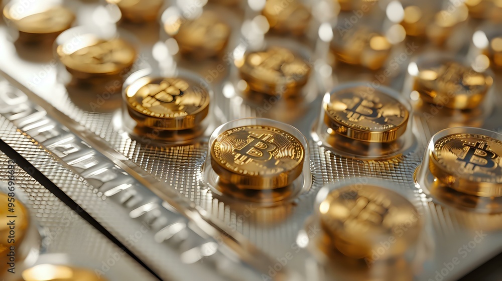 creative close-up image of gold coins with cryptocurrency symbols encased in a blister pack, resembling medication packaging. Perfect for cryptocurrency concepts, financial marketing, or digital creative close-up image of gold coins with cryptocurrency symbols encased in a blister pack, resembling medication packaging. Perfect for cryptocurrency concepts, financial marketing, or digital