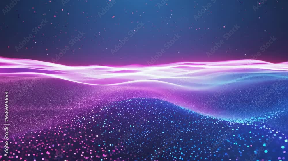 An ethereal display of vibrant pink and blue waves flows against a mystical backdrop, sparkling like a magical underwater landscape. Perfect for fantasy, tech, or nature projects.