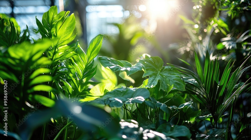 Lush green plants flourishing under bright artificial lights in a modern indoor greenhouse, showcasing vibrant foliage.