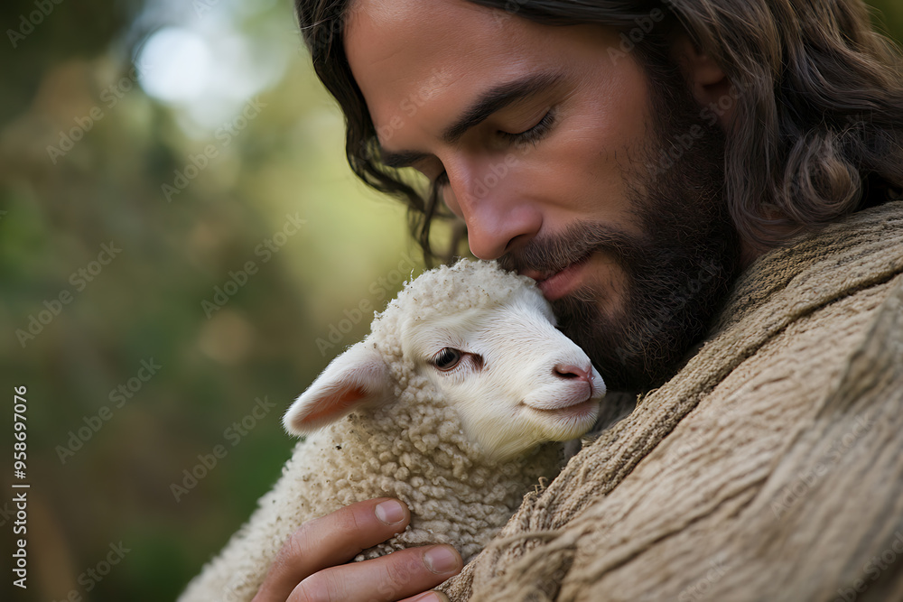 An intimate close-up of Jesus Christ gently holding a small lamb to His chest, symbolizing care, compassion, and spiritual guidance An intimate close-up of Jesus Christ gently holding a small lamb to His chest, symbolizing care, compassion, and spiritual guidance