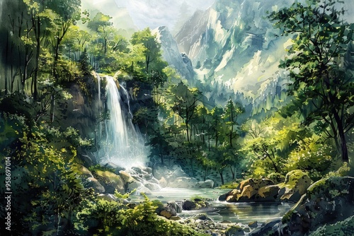 Mystical Forest Cascade. Hand-painted Watercolor Artwork of Scenic Waterfall in Lush Greenery