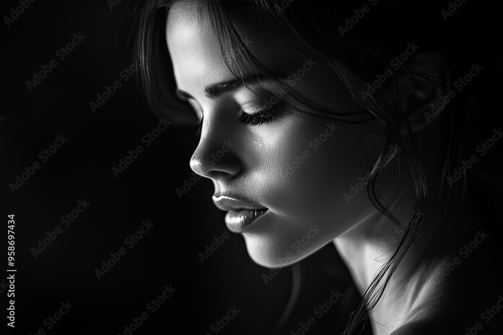 Black and White Portrait of Thoughtful Young Woman Black and White Portrait of Thoughtful Young Woman