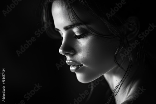 Black and White Portrait of Thoughtful Young Woman