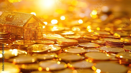 A small house model sits on a pile of shiny gold coins, symbolizing wealth and investment in real estate under bright sunlight.
