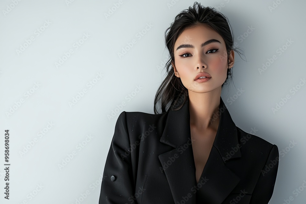 Captivating Asian Female Model in Elegant Black Coat Posing in Minimalist Studio Setting Captivating Asian Female Model in Elegant Black Coat Posing in Minimalist Studio Setting