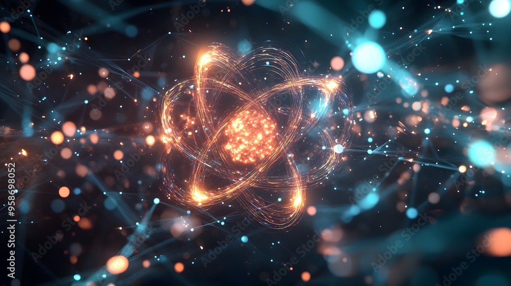20. Futuristic visualization of an atom embedded in a glowing, nutrient-rich molecular network 20. Futuristic visualization of an atom embedded in a glowing, nutrient-rich molecular network