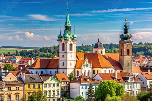 Church tower in Jindrichuv Hradec a historical town in Bohemia Europe seen from a distance, landmark, Gothic, tourism, outdoors, architecture, Czech Republic, medieval, famous