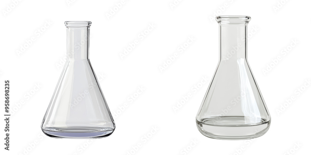 Pair of clear laboratory flasks isolate on transparent background, cutout, png