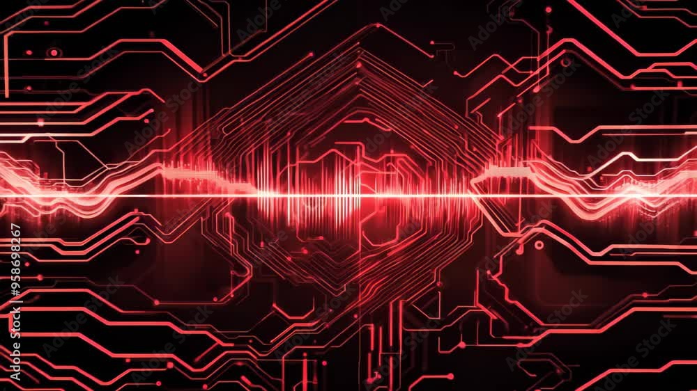 A vibrant abstract background with intricate red circuit patterns and an audio waveform. Perfect for tech projects, music production, and digital media applications. A vibrant abstract background with intricate red circuit patterns and an audio waveform. Perfect for tech projects, music production, and digital media applications.