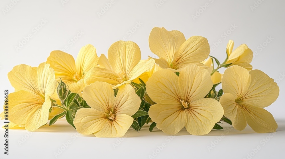 Fototapeta premium Delicate Yellow Flowers on White Background Generative AI